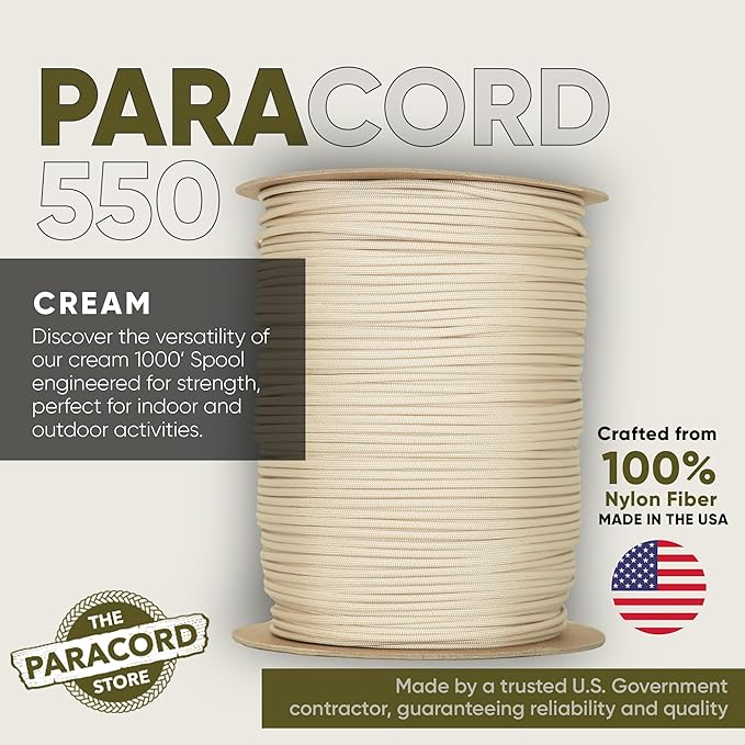 The Paracord Store | Type III 550 Paracord - 1000 FT Spool, Cream | Heavy Duty 7 Strand Tactical Paracord - USA Made Nylon Outdoor Parachute Cord for Camping, Fishing & More - Survival Cord
