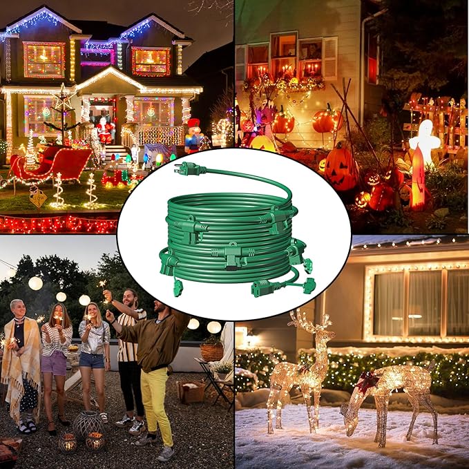 Eversimpleinc 50FT Outdoor Extension Cord with 6 Outlets Evenly Spaced··, with Waterproof Cover, Ideal for Outdoor Decoration Lawn Patio Lights, 16AWG/3C SJTW, ETL Listed