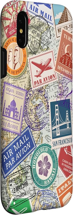 World Map Travel Passport Stamps Postage Stamp Case for iPhone X/XS