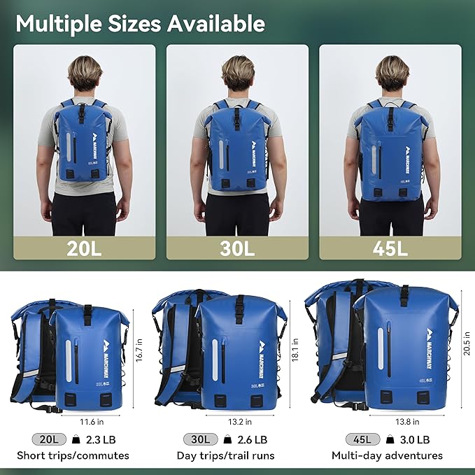 MARCHWAY Roll Top Waterproof Backpack, Floating Dry Bag 20L/30L/45L with Ergonomic Rectangular Base, Cushioned Back, Hip Strap for Hiking Camping Kayaking Travel (Blue, 20L)