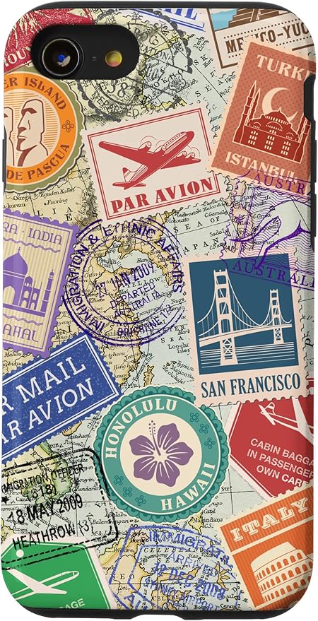 World Map Travel Passport Stamps Postage Stamp Case for iPhone SE (2020) / 7/8