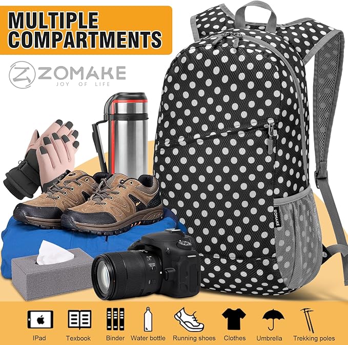 ZOMAKE Lightweight Packable Backpack,Foldable Backpacks Small Daypack for Hiking Water Resistant Day Bag for Travel(Black,White polka dots)