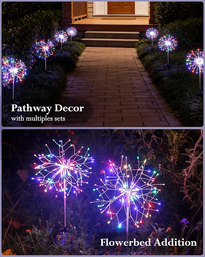 Solar Garden Lights Outdoor Yard Decorations, 8 Pack 150Leds Pathway Lights, Fairy Firework Stake Light for Garden, Patio, Pathway, Flowerbed Multicolor