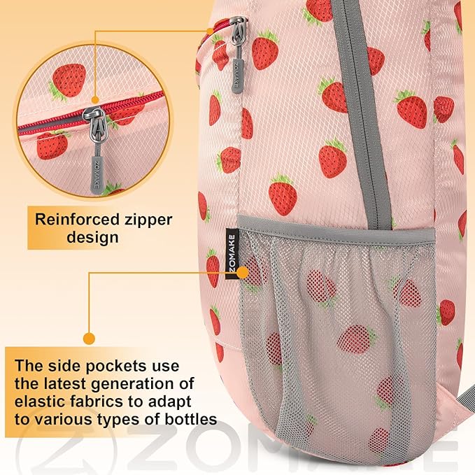 ZOMAKE Lightweight Packable Backpack,Foldable Backpacks Small Daypack for Hiking Water Resistant Day Bag for Travel(Strawberry print)