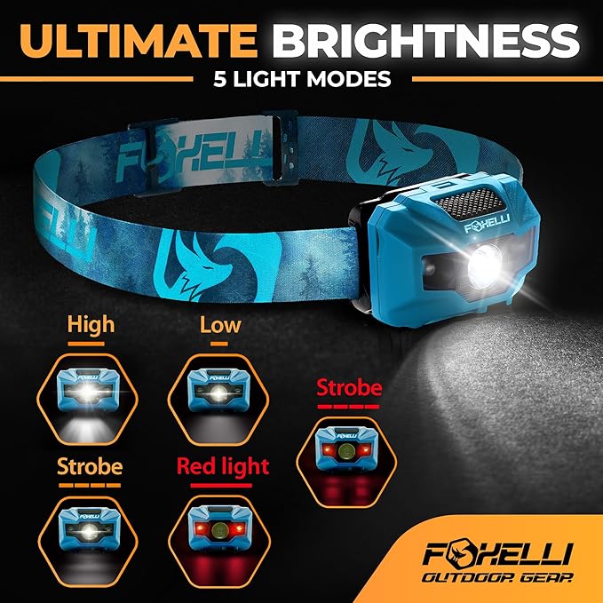 Foxelli USB‑C Rechargeable LED Headlamp – Ultra‑Light 2.4 oz & Bright 180 Lumens – Red/White Light, 5 Modes, IPX5 Waterproof, 40 h Runtime for Trail Running, Camping, Hiking