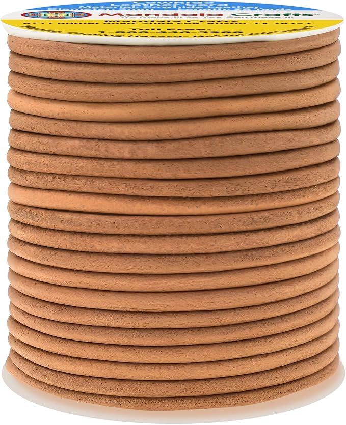 Mandala Crafts Round Genuine Camel Leather Cord for Jewelry Making – 3mm Cowhide Leather Rope String Lace for Kumihimo – 20 Yards Cowhide Craft Cording Spool
