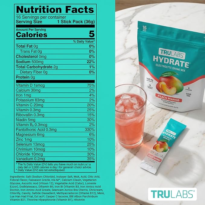 TRULABS Hydrate Electrolyte Drink Mix – Peach Mango Flavor, Sugar-Free Hydration Packets with 1422 mg Electrolytes & 19 Vitamins & Minerals, Monk Fruit Sweetened, On-the-Go Sticks (16 Count)