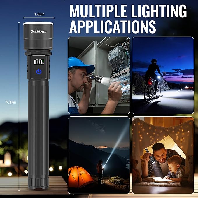 Rechargeable Flashlights 2 Pack, Super Bright LED Long Handle Flashlight with LCD Digital Display, 5 Modes & Zoomable Tactical FlashLights, Large Capacity Battery Powerful Flash Light for home