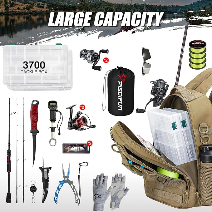 Piscifun Fishing Backpack with Rod Holder, Lightweight Sling Bag Storge Gear and Equipment