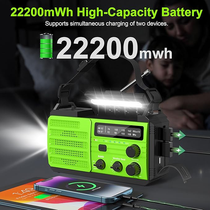 Emergency Radio with Solar & Hand Crank Radio 22200mWh (6000mAh) NOAA Emergency Weather Radio Alert, SOS Alarm, AM/FM, Hand Crank Flashlight, Compass for Tornado, Winter Storm, and Survival Kits