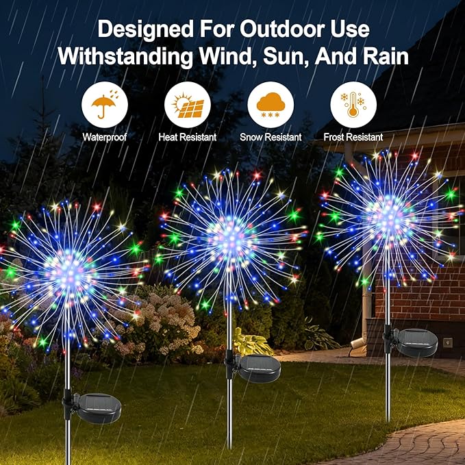 Solar Garden Lights Outdoor, 4 Pack 120 LED Twinkling Firework Lights Decorative with 2 Modes, Outdoor Waterproof Solar Starburst Light for Yard Pathway Planter Patio Decor, Multicolor