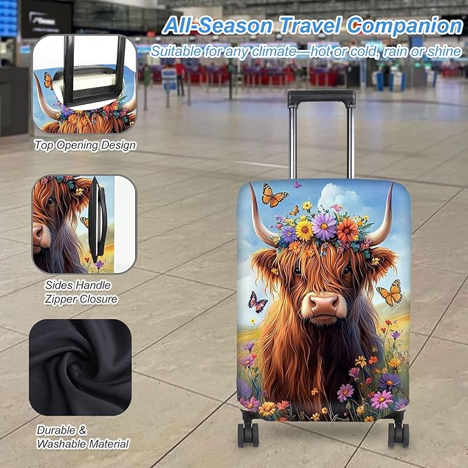 Luggage Cover Protector for 30-32 Inch Suitcases, TSA Approved Elastic Travel Suitcase Covers, Anti-Scratch Washable Luggage Sleeve for Carry On & Checked Bags, Cute Highland Cow