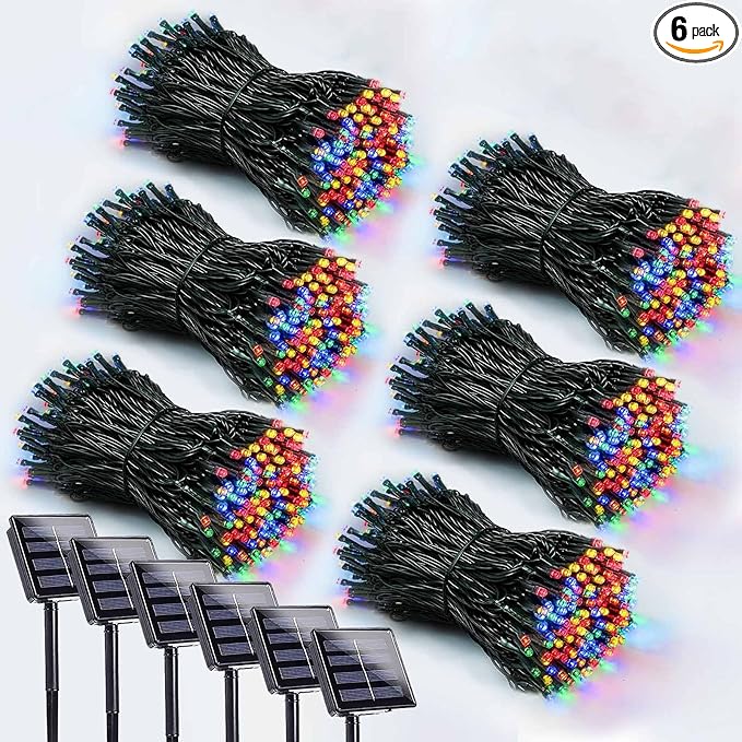 6 Pack 600 LED Solar String Lights for Outside, Solar Christmas Lights with 8 Lighting Modes, Waterproof Green Wire Solar String Lights Outdoor for Tree Xmas Party Garden Yard Decorations (MultiColor)