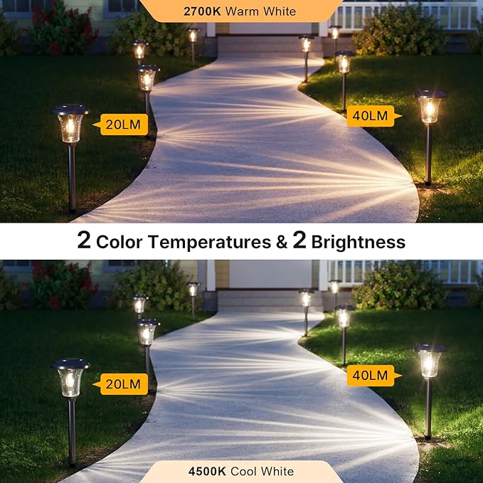 XMCOSY+ Solar Lights Outdoor Waterproof, 6 Pack Metal Glass Solar Pathway Lights, 20/40LM Bright Landscape Lighting for Garden Yard Backyard Path Driveway Walkway Outside Decor (Warm/Cool White)