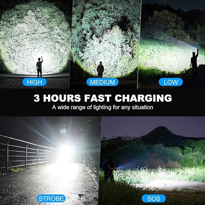 Kmivo Rechargeable Led Flashlight High Lumens - 99,000lm Bright Powerful Flash Light with 5 Modes, Waterproof Handheld Linterna for Home, Camping(3 Packs)