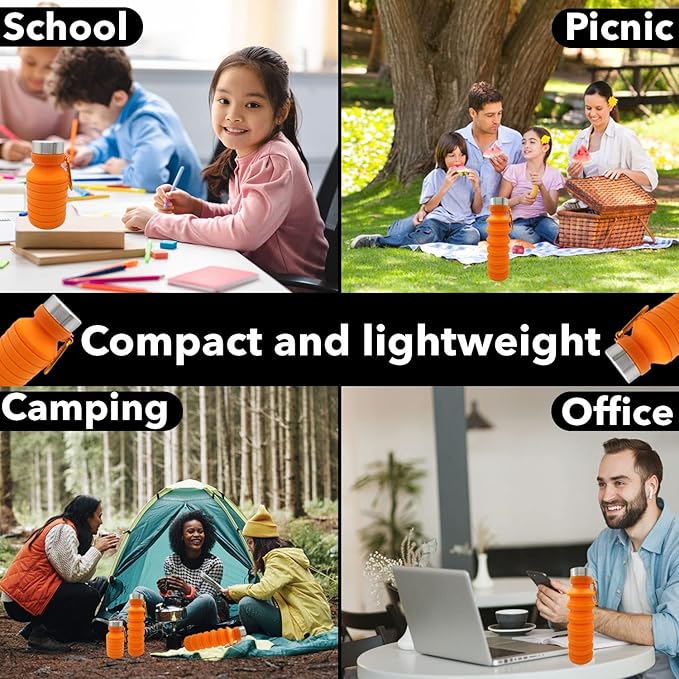 Gadgetime USA Collapsible Water Bottle (Orange) - Reusable, BPA Free, Silicone, Foldable Portable & Leak Proof - Water Bottles for Travel Gym Camping Hiking - Sports Water Bottle with Carabiner