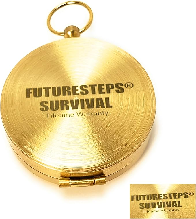 Brass Compass with Solid Brass Whistle - Survival Set - 105 Decibels - Carry in Pocket or on Necklace - Two Pieces