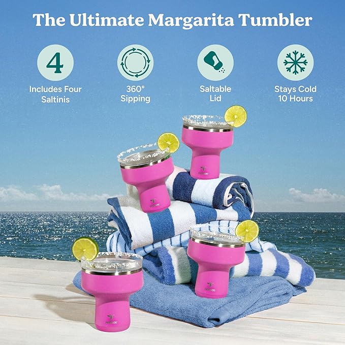 REDUCE Saltini 16oz Cocktail Tumbler - Insulated Margarita Tumbler with Lid-Keeps Drinks Cold for 10 Hours-360 Sippable Martini Glass Alternative-Shatterproof Perfect for Parties-Sunset Fuchsia-4 Pack