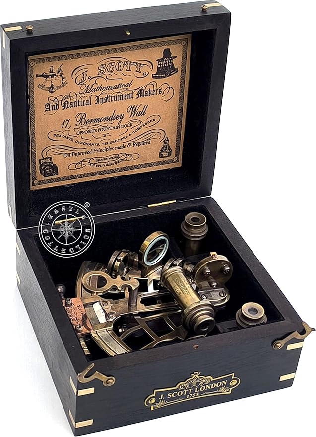 J. Scott London Brass Ship Sextant with Hardwood Box – Vintage Nautical Marine Navigation Instrument, Collectible Maritime Decor Handmade Gift for Father's Day, Baptism, Partner, Best Men, Graduation
