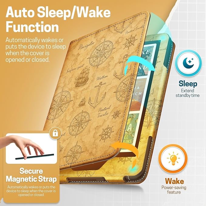 TNP Stand Case for Kindle Paperwhite 12th Generation 2024 / Kindle Colorsoft Signature Edition with Hand Strap & Card Slot - 7" PU Leather Protective Folio Cover with Auto Wake/Sleep, Nautical Map