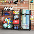Sonyabecca Garage Sports Equipment Organizer 2 Golf Bag Stand Golf Storage Organizer for Garage with Basket and Hooks, Storage Rack for 2 Golf Bag, Golf Gift for Men, Two Assembly Methods