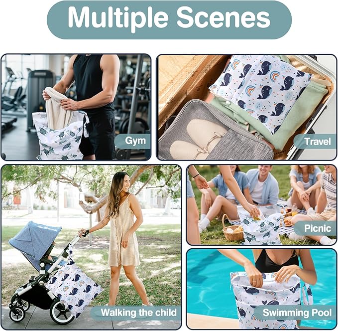 Wet Dry Bags 2-Pack with Cute Dolphin Print - Waterproof Travel Organizer for Swimming Pool Beach Gym Baby Cloth Diapers Swimwear with Dual Zippers