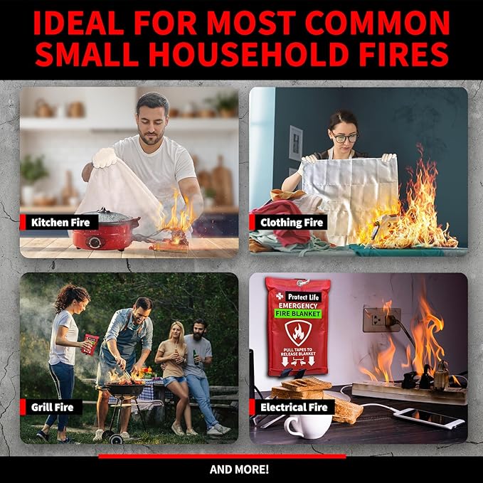 Protect Life Saving Emergency Fire Blankets 4 Pack - 40"x40", Fiberglass Fire Blanket for Home & Kitchen - Fire Suppression or Retardant Tarp - Fire Safety Kit for Car or Camping
