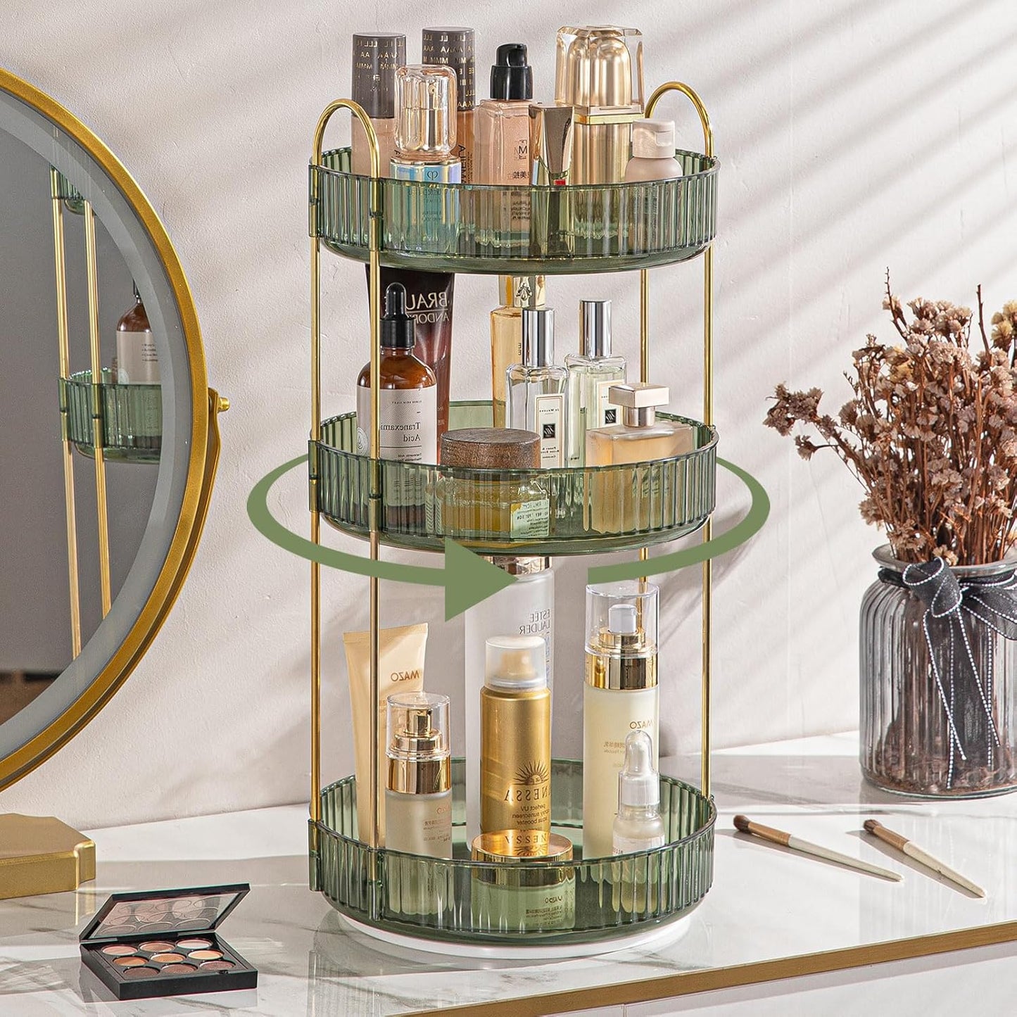 Rotating Makeup Organizer for Vanity, High-Capacity Skincare Clear Make Up Storage Perfume Organizers Cosmetic Dresser Organizer Countertop 360 Spinning (Green, 3 Tier)