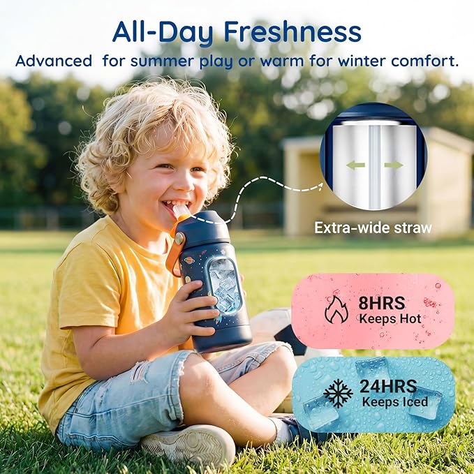 Mommore Kids Water Bottle 12 oz, Insulated Stainless Steel Water Bottle with Straw, Leakproof & BPA-Free, Vacuum Insulated Travel Water Bottle for School, Outdoor Green-1 Pc
