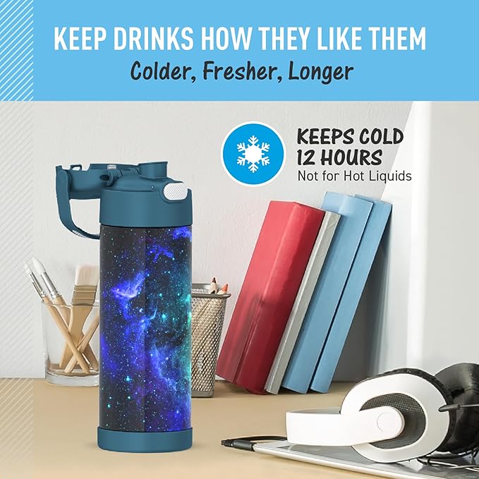 THERMOS FUNTAINER 16 Ounce Stainless Steel Vacuum Insulated Bottle with Wide Spout Lid, Galaxy Teal