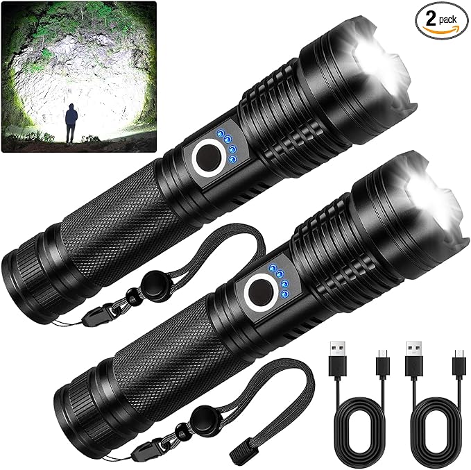 Rechargeable LED Flashlight, 99,000 High Lumens Super Bright Flashlight, 5 Modes IPX6 Waterproof Handheld Flashlights for Home Emergency Camping Hiking（2 Pack ）