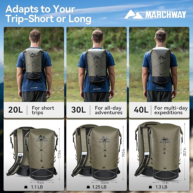 MARCHWAY Floating Roll Top Dry Bag, Flexible Lightweight TPU Waterproof Backpack 20L/30L/40L with Padded Straps for Boating, Kayaking, Swimming, Hiking, Beach (Green, 20L)