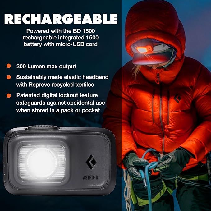 BLACK DIAMOND Astro 300-R Rechargeable Headlamp | 300 Lumens | Micro-USB Charging | Compact, Dimmable Light for Camping & Hiking | Graphite