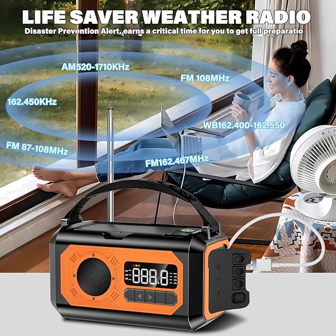 44400mWh/12000mAh Emergency Weather Radio, Hand Crank Radio Solar Radio Portable AM/FM/NOAA Radio with 2 Solar Panels 3 Charging Methods SOS Alarm 3 Mode Flashlight Phone Charger Compass Reading Lamp