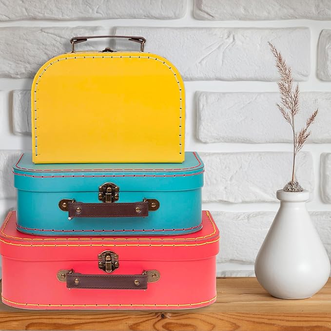 Jewelkeeper Decorative Storage Boxes Set of 3 - World Map Mini Suitcase Style Cardboard Suitcase with Brass Clasps and Handle - Ideal for Travel Decor, Event Props and Gift Presentation