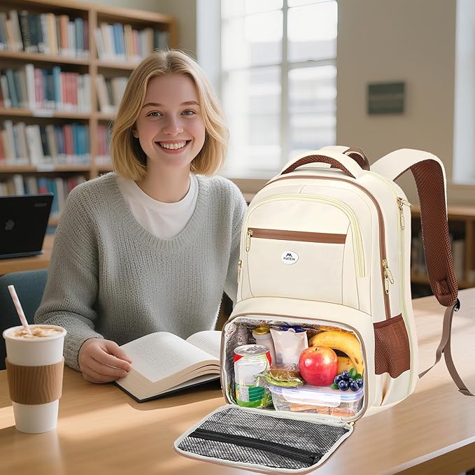 MATEIN Backpack Lunch Bag for Women, Sturdy Teacher Nurse Insulated Cooler Backpack for Work College Commute Travel, Stylish Cute 17 Inch Laptop School Bag with Lunch Compartment, Beige-Brown