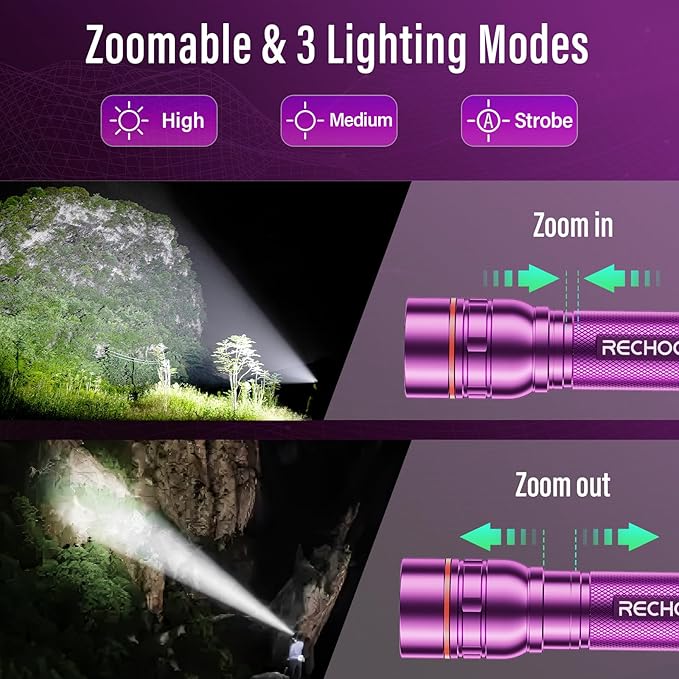 Rechargeable Flashlight 2 Pack, Bright Military Grade Torch Light High Lumens with Adjustable Focus & 3 Lighting Modes, Portable Waterproof Led Flashlight for Camping Home, Christmas Gift for Women