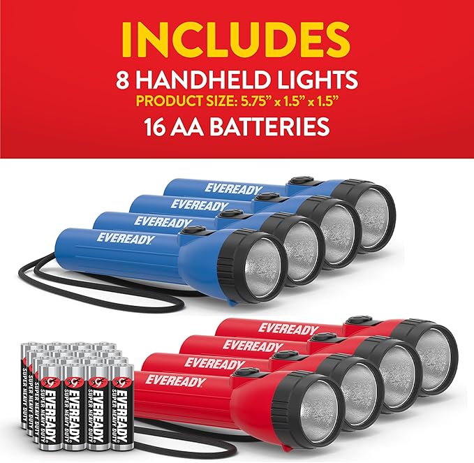 EVEREADY LED Flashlights (8-Pack), Bright Flashlights for Emergencies and Camping Gear, Flash Light with AA Batteries Included, Red/Blue (8-Pack)
