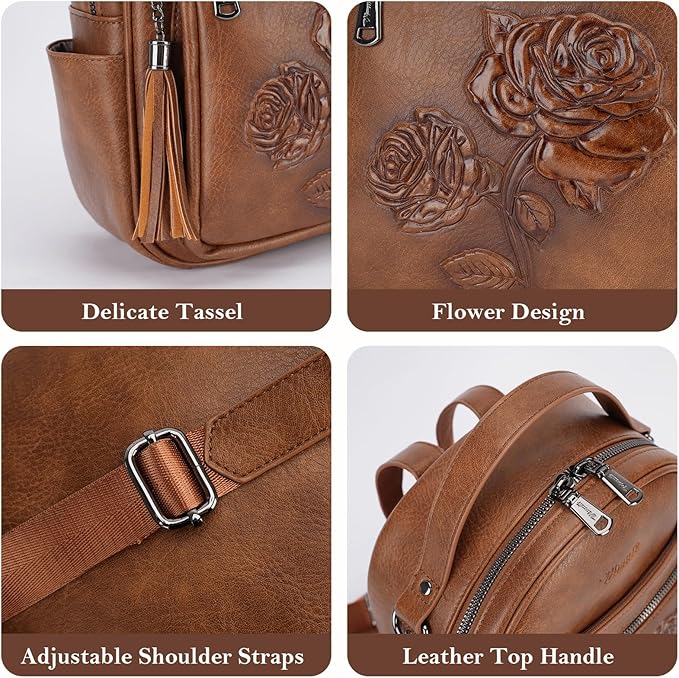 Mini Backpack Purse for Women,Embossed Leather Small Backpack Fashion Travel Backpacks Daypacks Shoulder Handbag (BROWN-Flower)