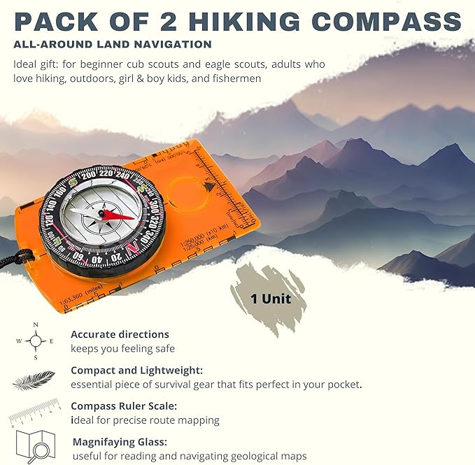 Trekker's Compass Crew Orienteering Compass, Pack of 2, Magnetic Navigation Set for Hiking, Camping, Backpacking, Scout Activities