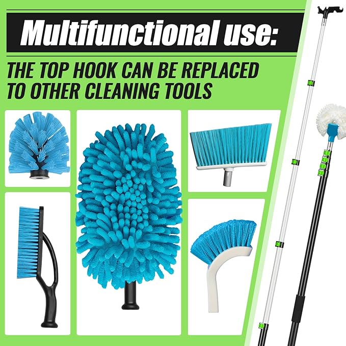 7-30 ft Telescopic Extension Pole with Utility Hook, Multi-Purpose Aluminum Pole for Painting, Dusting and New Year Window Cleaning Christmas Lights Installation Without a Ladder(Green)