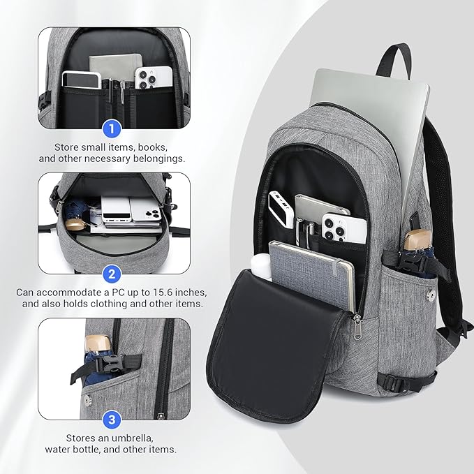 Kono Travel Laptop Backpack with USB Charging Port, Business Anti Theft Slim Sturdy Personal Item Bag, Water Resistant College Computer Daypack for Men & Women Fits 15.6 Inch Notebook, Grey