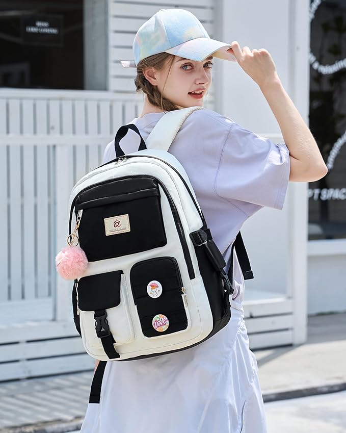 Hidds Laptop Backpacks 15.6 Inch School Bag Elementary Middle High College Backpack Cute Bookbags Anti Theft Travel Back Pack Casual Daypack Kids Book Bag for Teens Girls Women Students-Black Beige