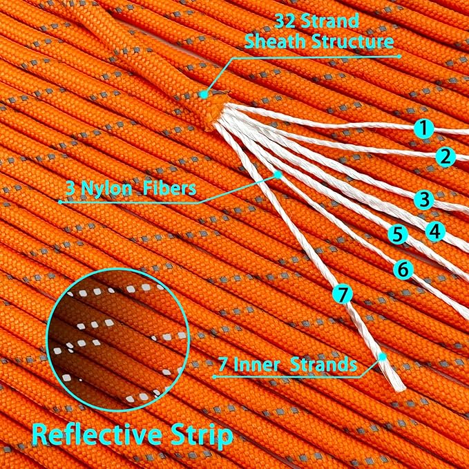 VVAAGG Reflective Paracord Rope 100FT, 7 Strand Nylon para Cord Lanyard Utility 550 Parachute Cord, 4mm Thin Tent Rope for Outdoor Camping Hiking