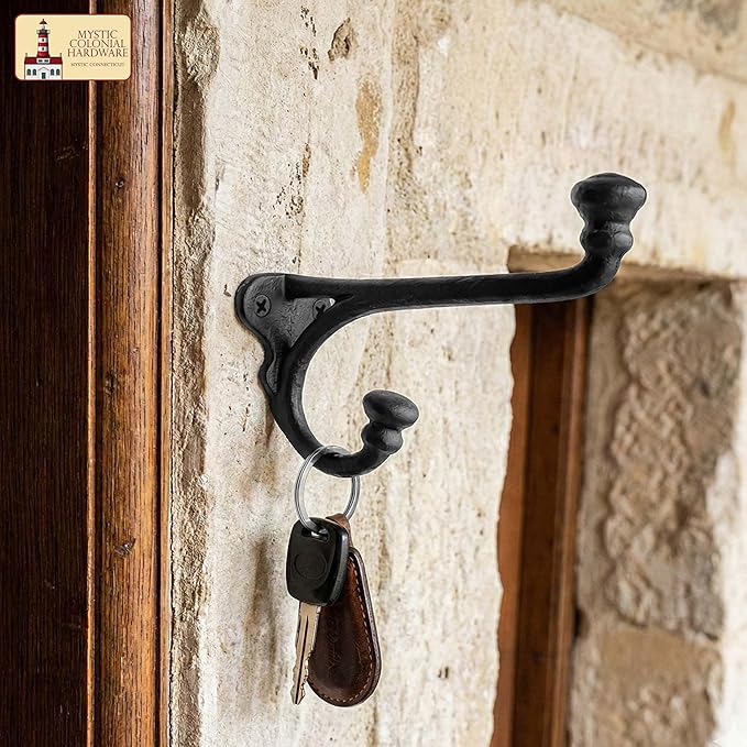 Mystic Colonial Rustic Cast Iron Wall Hooks Heavy Duty Retro Utility Hooks for Hanging Coat, Bag, Towel, Robe, Hat & More Decorative Wall Mount Hooks, Pack of 10, Black
