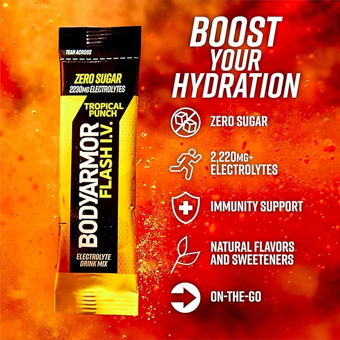 BODYARMOR Flash I.V. Electrolyte Packets, Tropical Punch, Zero Sugar Drink Mix, Single Serve Packs, Coconut Water Powder, Hydration for Workout, Travel Essential, Just Add Sticks to Liquid (15 Count)