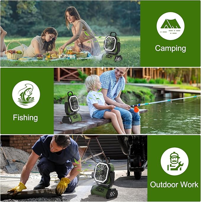 Honesorn Portable Rechargeable Fan 20000mAh, Camping Fan with LED Light & Remote, USB C Cordless Battery Powered, 4 Speeds Timer Hanging Hook for Travel Tent Outdoor Essentials - Green