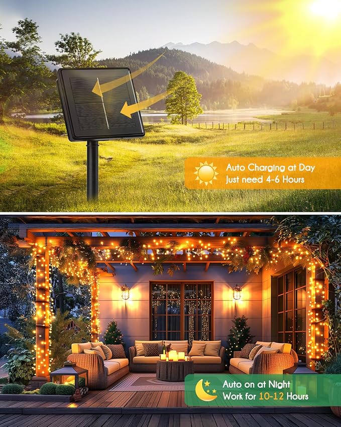 Brightown Solar String Lights for Outside, 19.6Ft 240 LED Solar String Lights Outdoor Waterproof, Solar Fairy Lights with 8 Modes for Patio Party Garden Yard Home, Warm White
