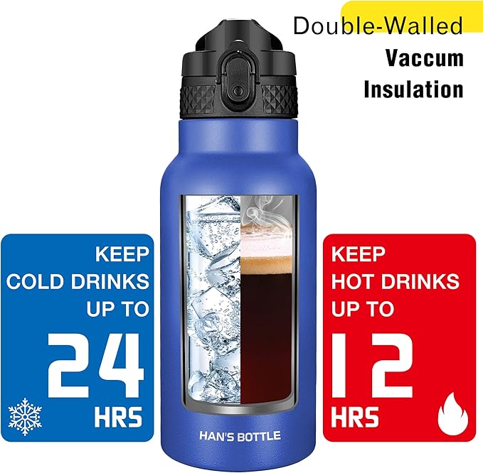 Han's Bottle Kids Water Bottle with Straw Lid - Insulated Stainless Steel Reusable Tumbler for Girls,Boys,Thermo Mug,17oz,Navy Blue
