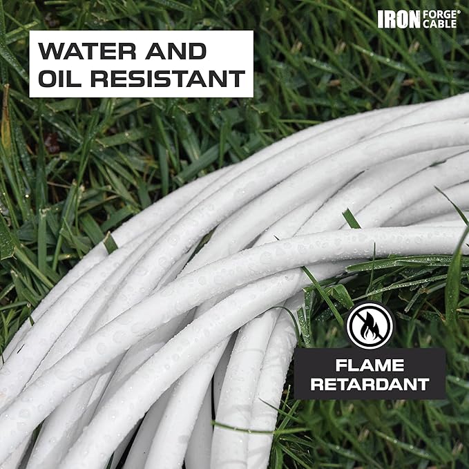 Iron Forge Cable 25ft White Outdoor Extension Cord with 3 Outlets - 14/3 SJTOW Oirl Resistant 15 Amp 25ft Extension Cord 3 Prong - Multiple Outlets